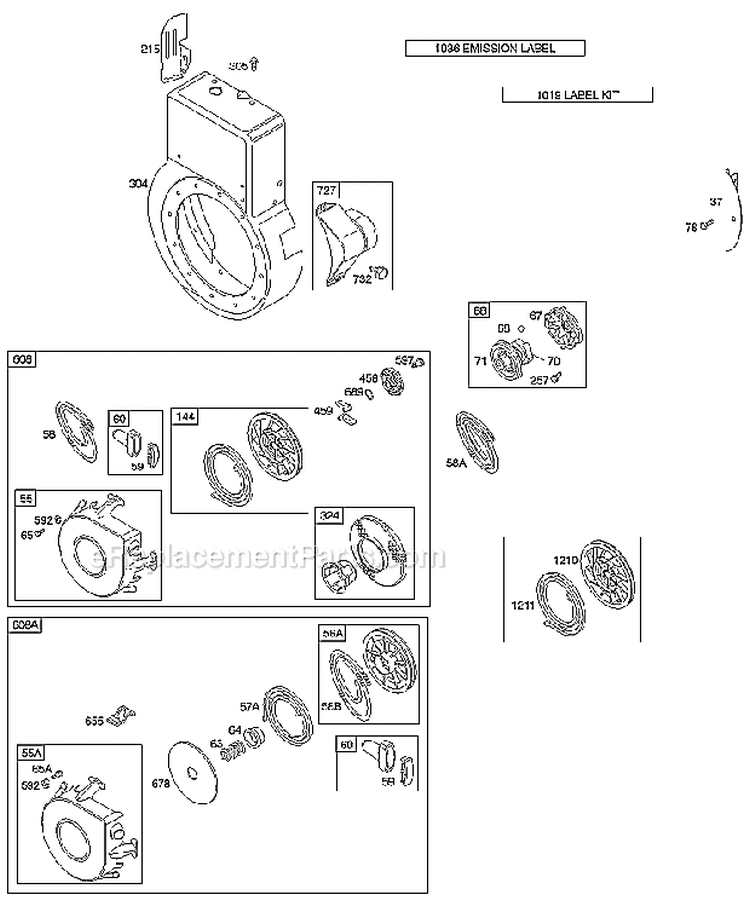 Blower Housing Rewind Starter Diagram and Parts List for 19G412-1180-E2  Briggs and Stratton Engine